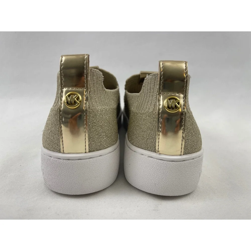 Michael Kors Bodie Womens‎ 7 M Gold Metallic Knit Slip On Sneaker Logo Excellent